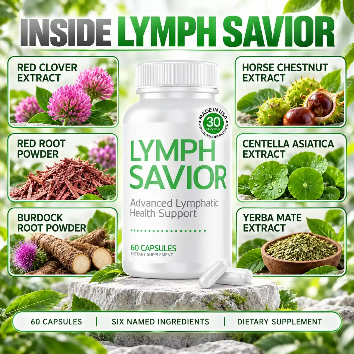 The INSIDE LYMPH SAVIOR tile naming red clover, horse chestnut, red root, centella asiatica, burdock root and yerba mate