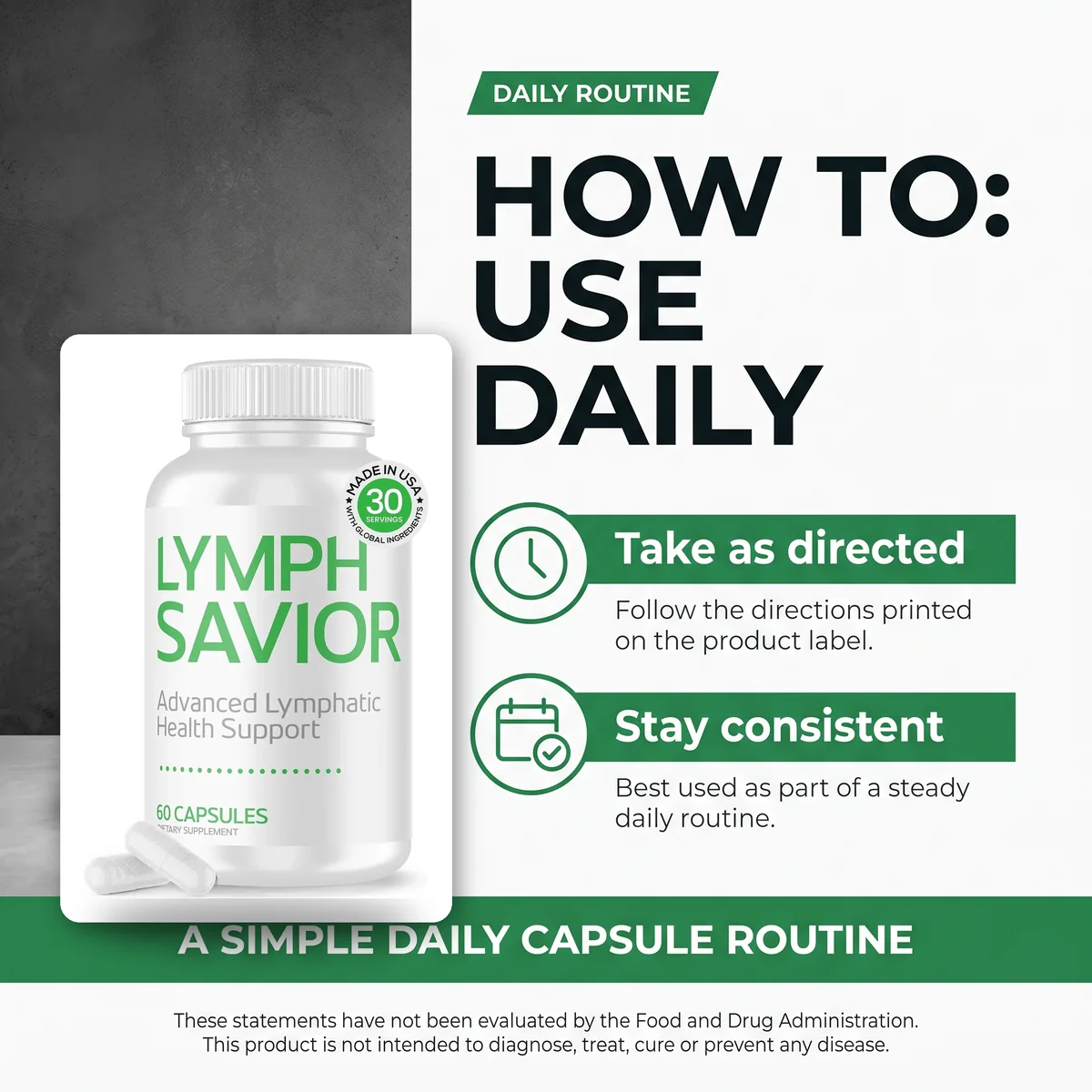 Lymph Savior vendor graphic headed How To Use Daily, with take as directed and stay consistent