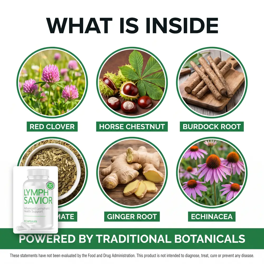 The WHAT IS INSIDE tile naming red clover, horse chestnut, burdock root, mate, ginger root and echinacea