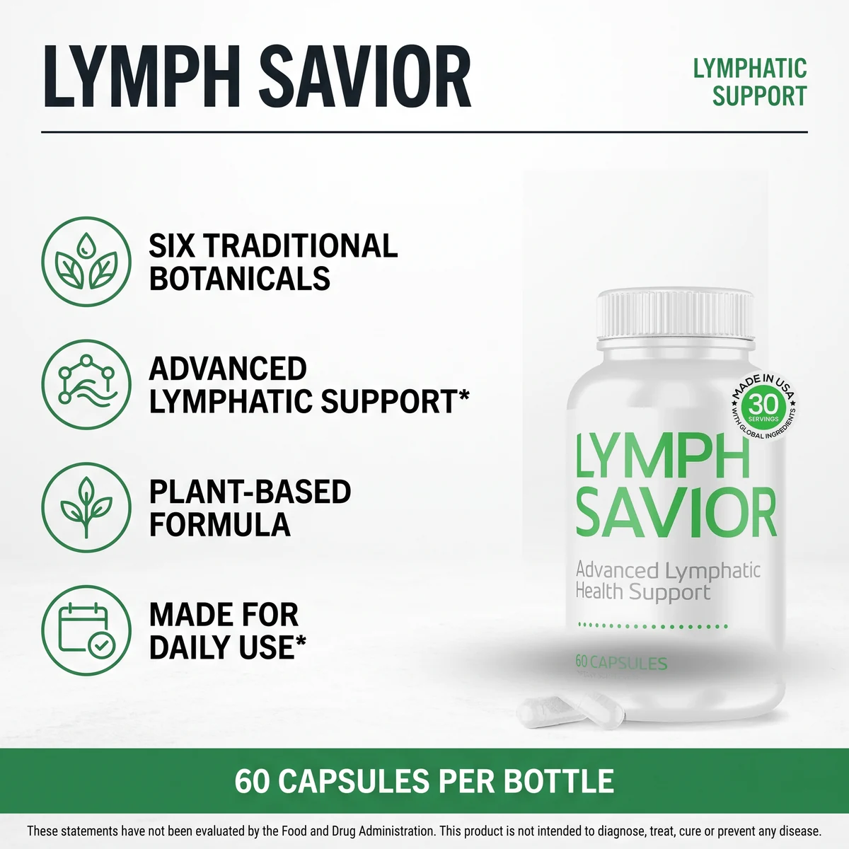 Lymph Savior vendor graphic listing six traditional botanicals and 60 capsules per bottle