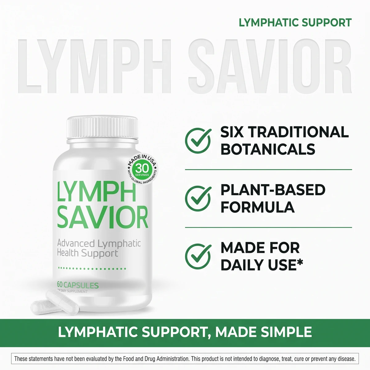 Lymph Savior vendor graphic headed Lymphatic Support with three claims: six traditional botanicals, plant-based formula, made for daily use