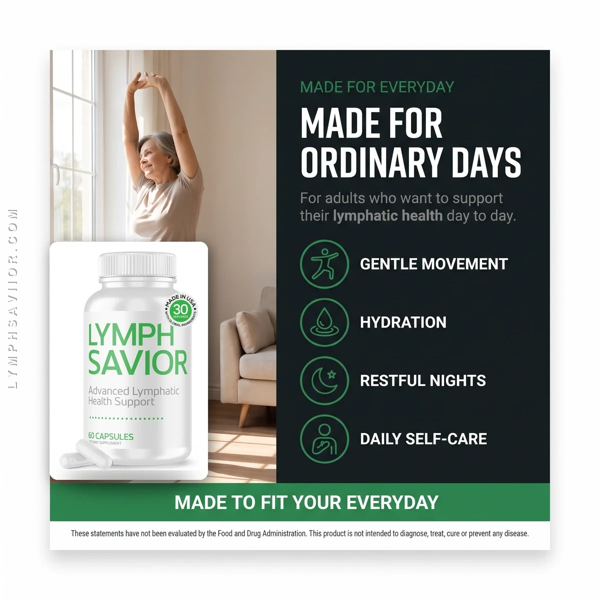 Lymph Savior vendor graphic headed Made For Ordinary Days, with gentle movement, hydration, restful nights and daily self-care