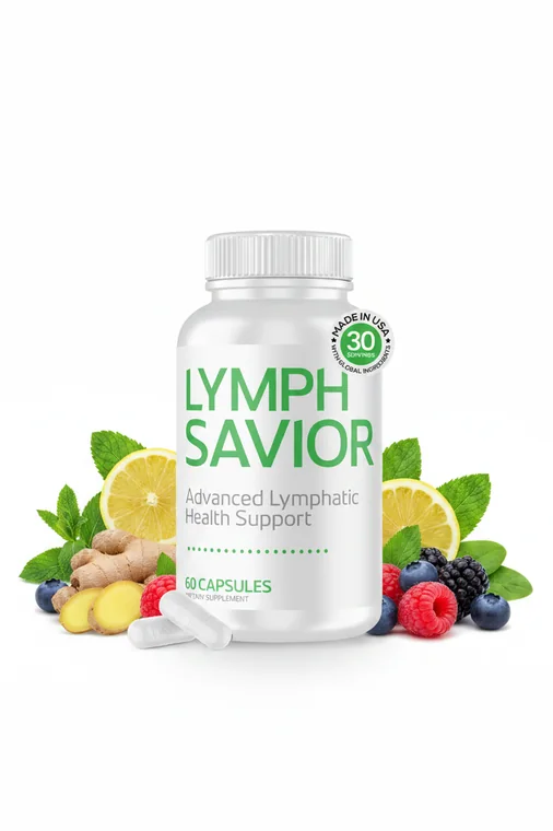 A Lymph Savior bottle photographed with ginger, lemon, berries and mint